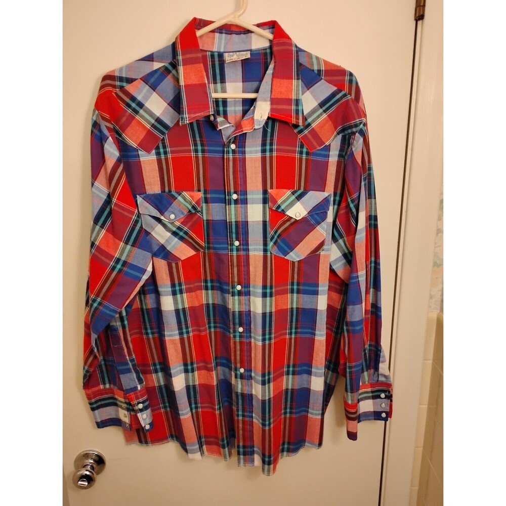Saddlebrook Western Wear 2X Red/Blue/White Plaid Pearl Snap Long Sleeve Shirt